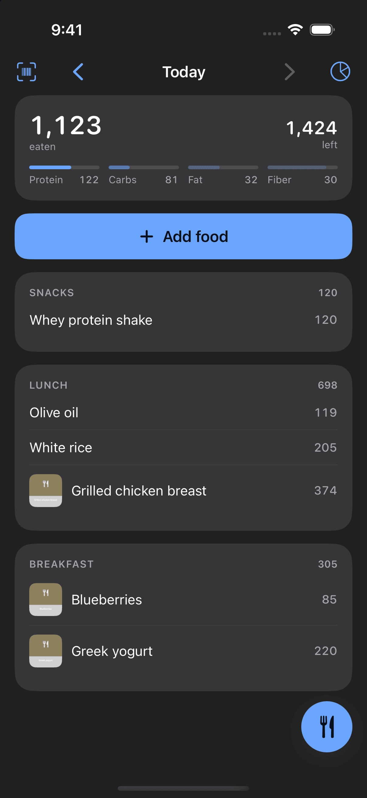 Vitals Food screen showing meals and their nutritional breakdown