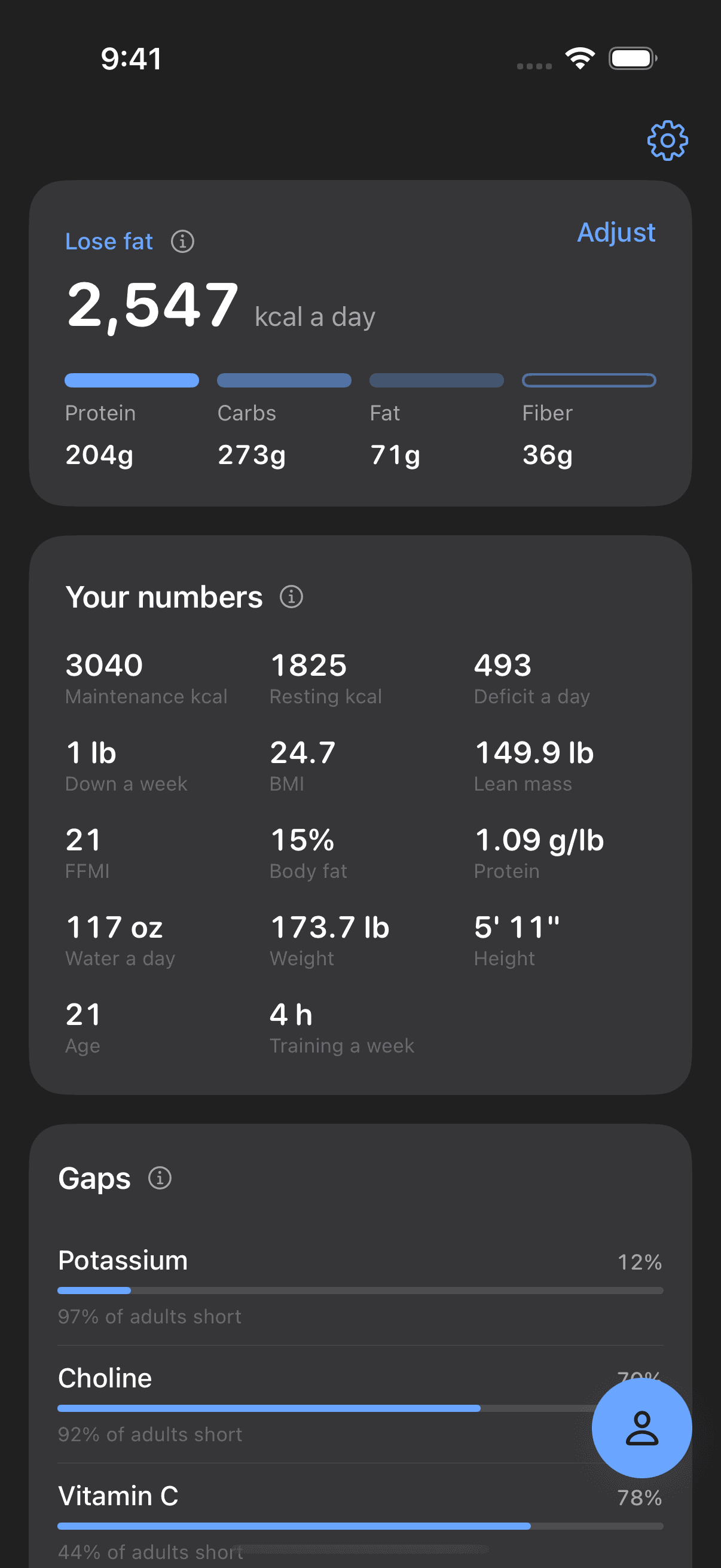 Vitals profile screen showing the body and activity inputs used to calculate targets
