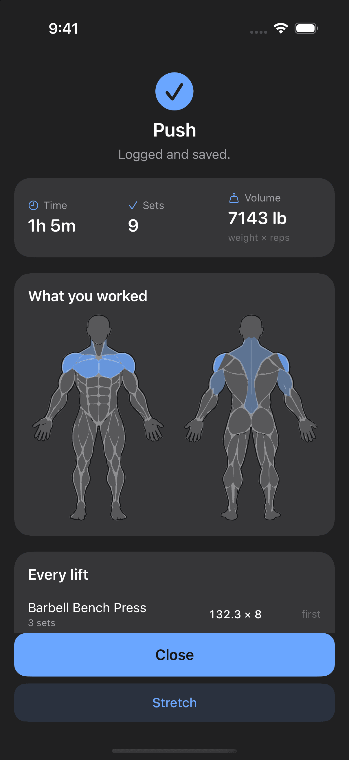 Vitals workout recap showing the completed session and personal records
