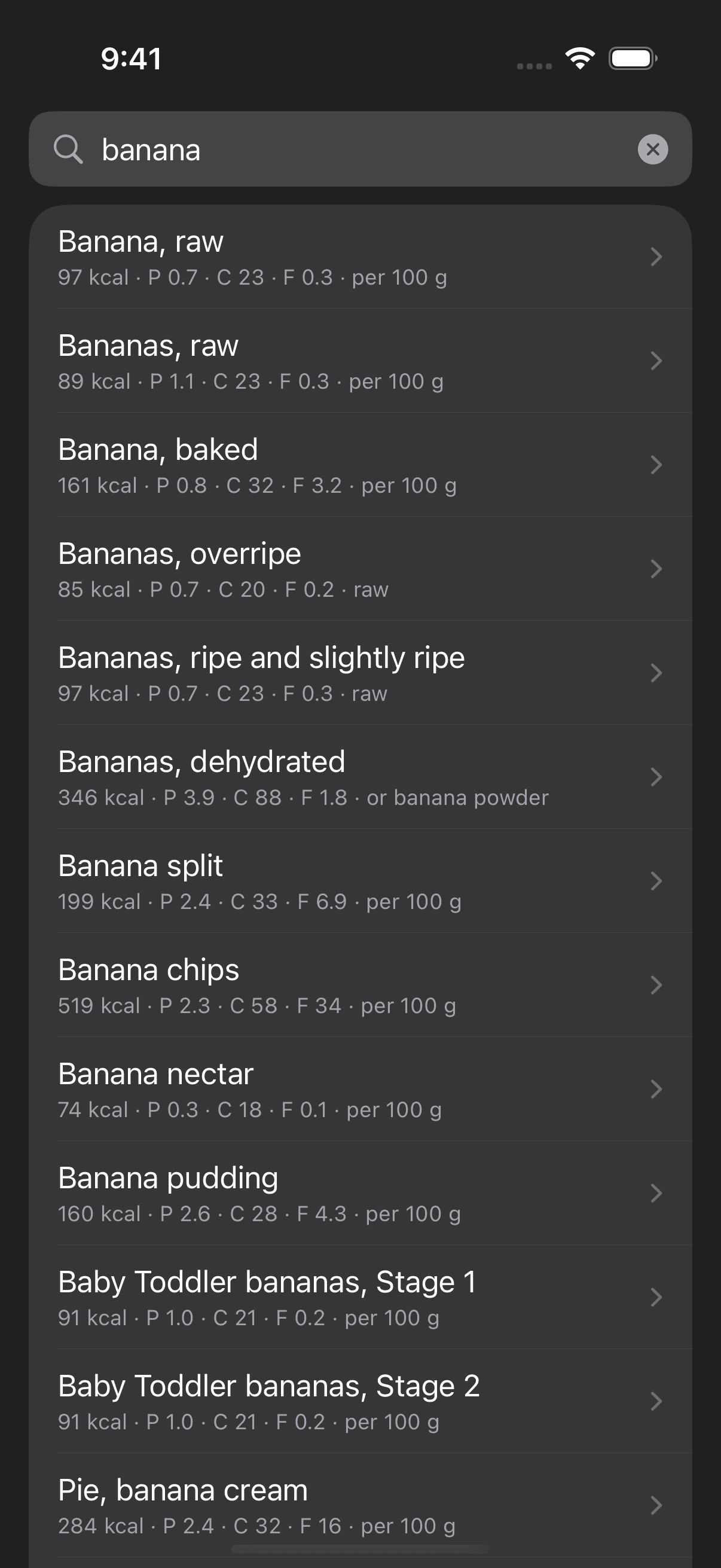Vitals food search showing results from the built-in offline database