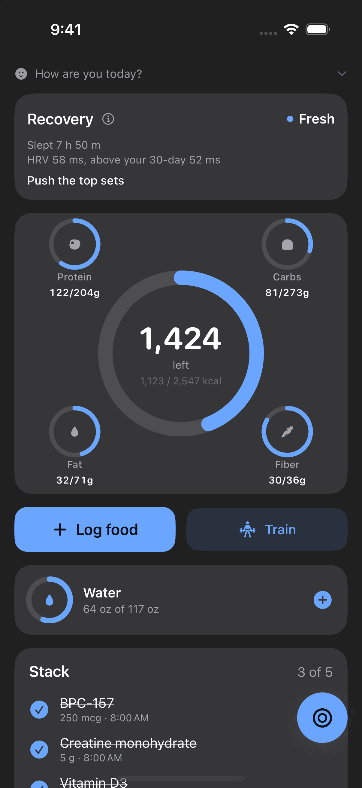 Vitals Today screen showing daily nutrition totals and targets