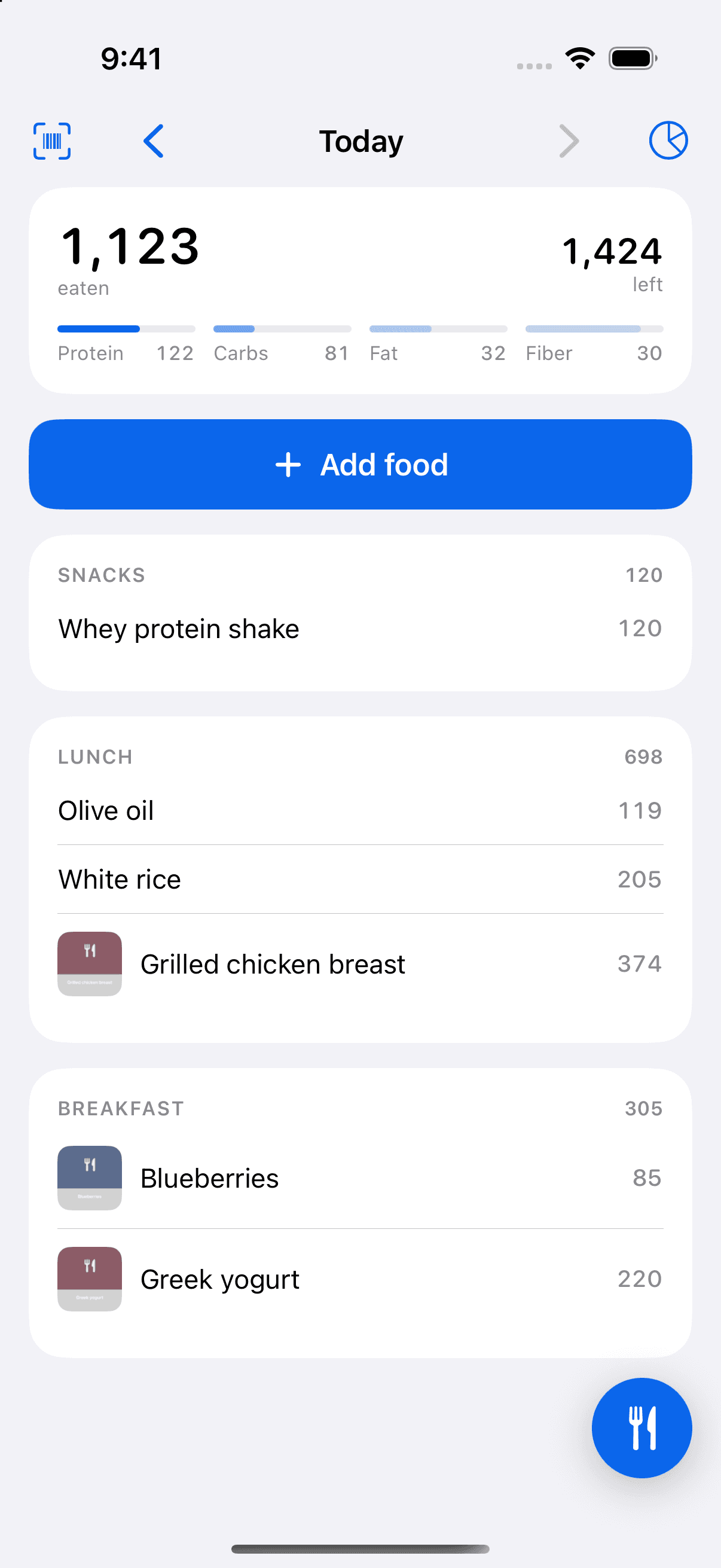 Vitals Food screen showing meals and their nutritional breakdown