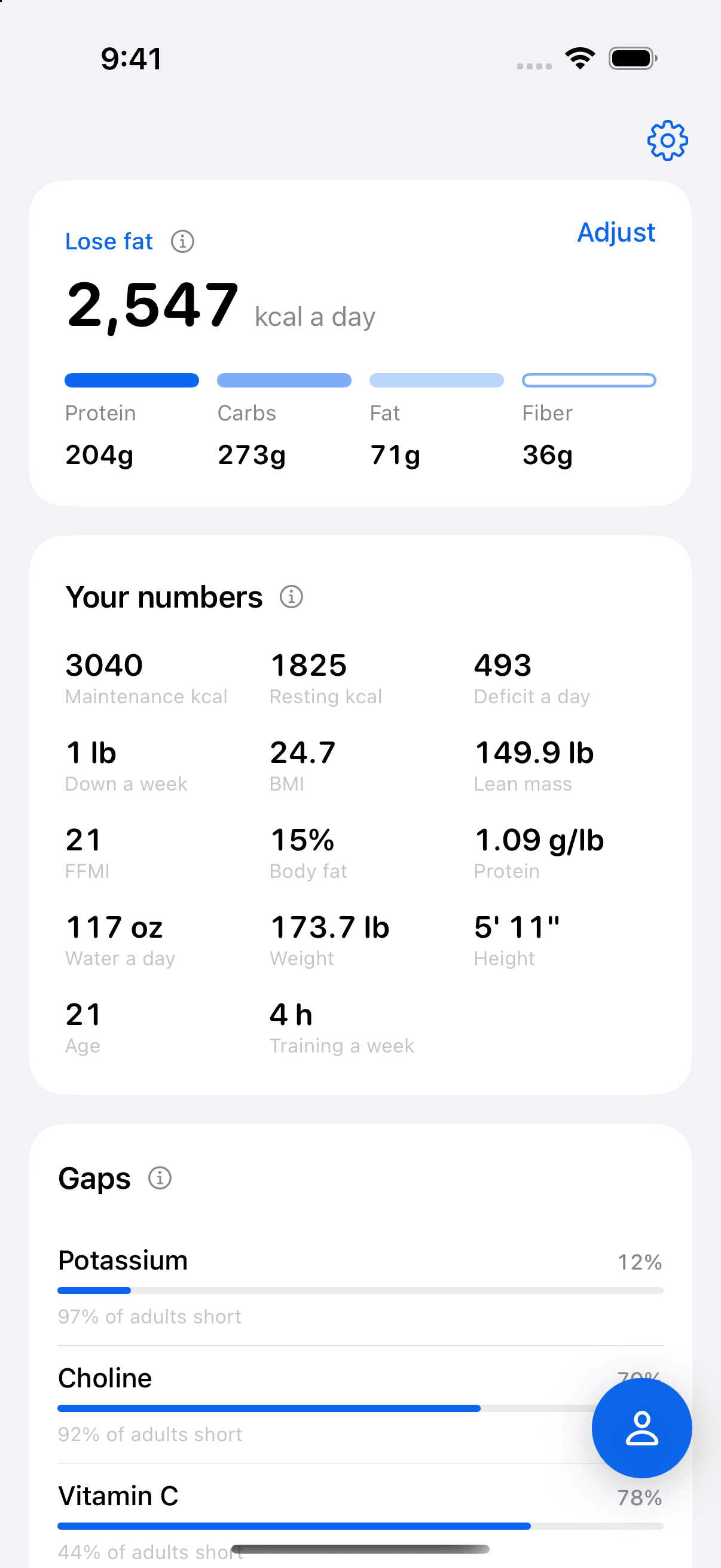 Vitals profile screen showing the body and activity inputs used to calculate targets