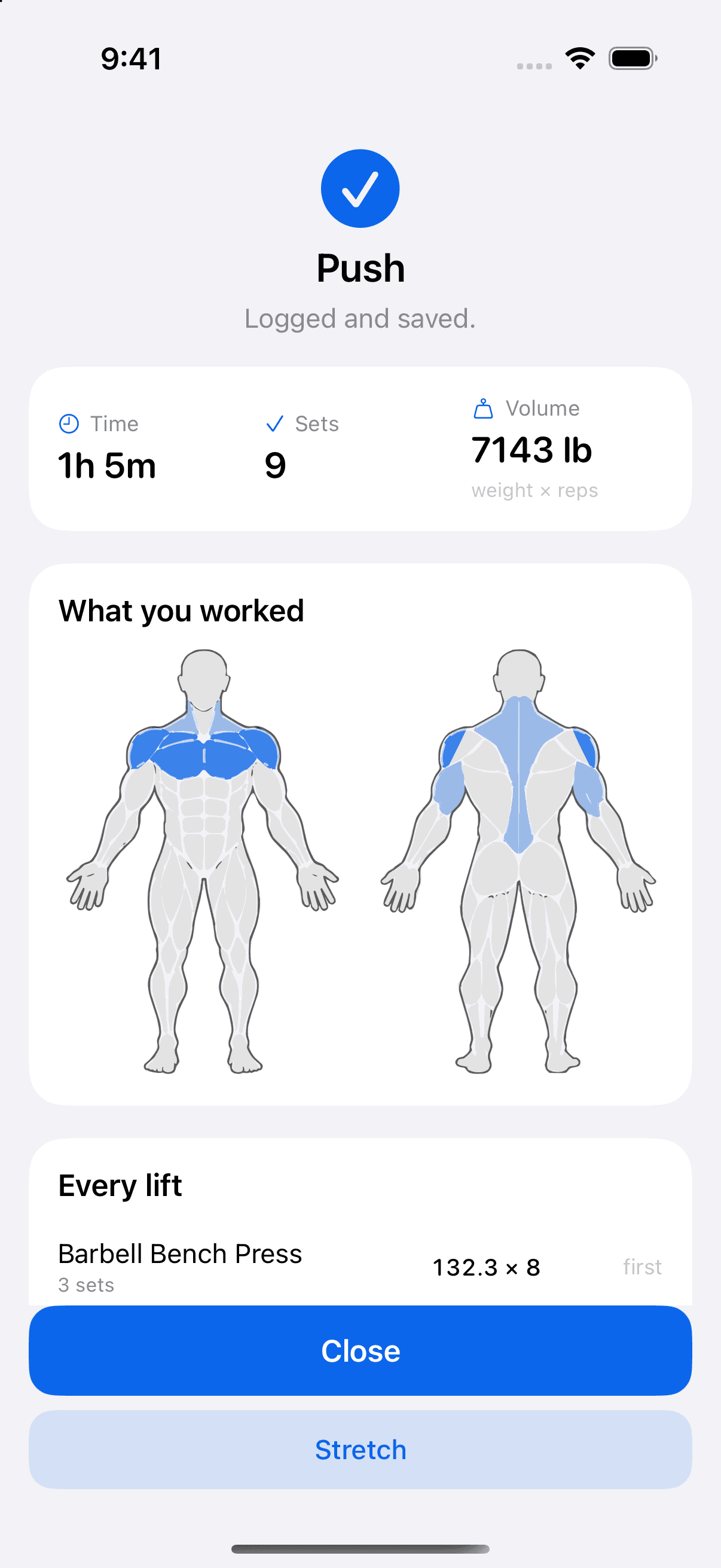 Vitals workout recap showing the completed session and personal records
