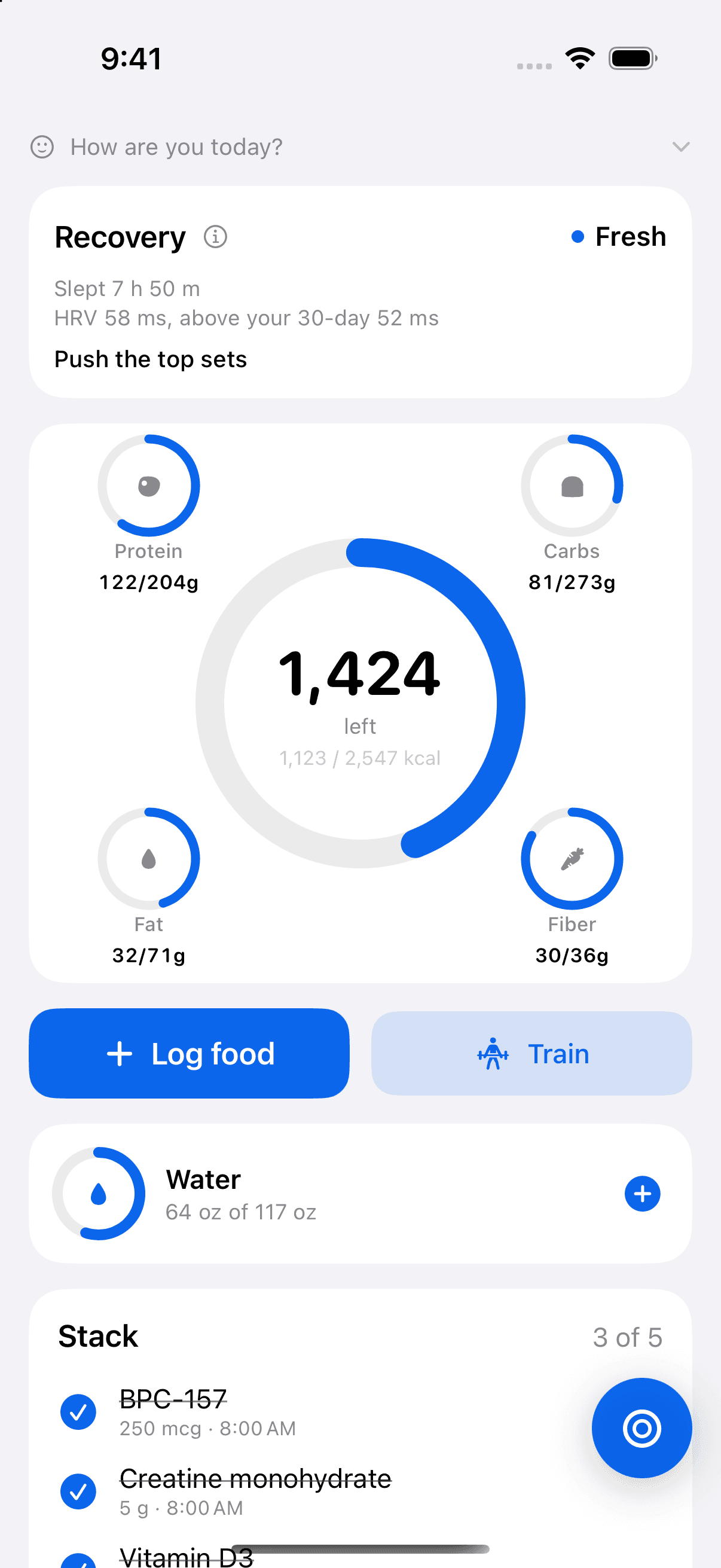 Vitals Today screen showing daily nutrition totals and targets